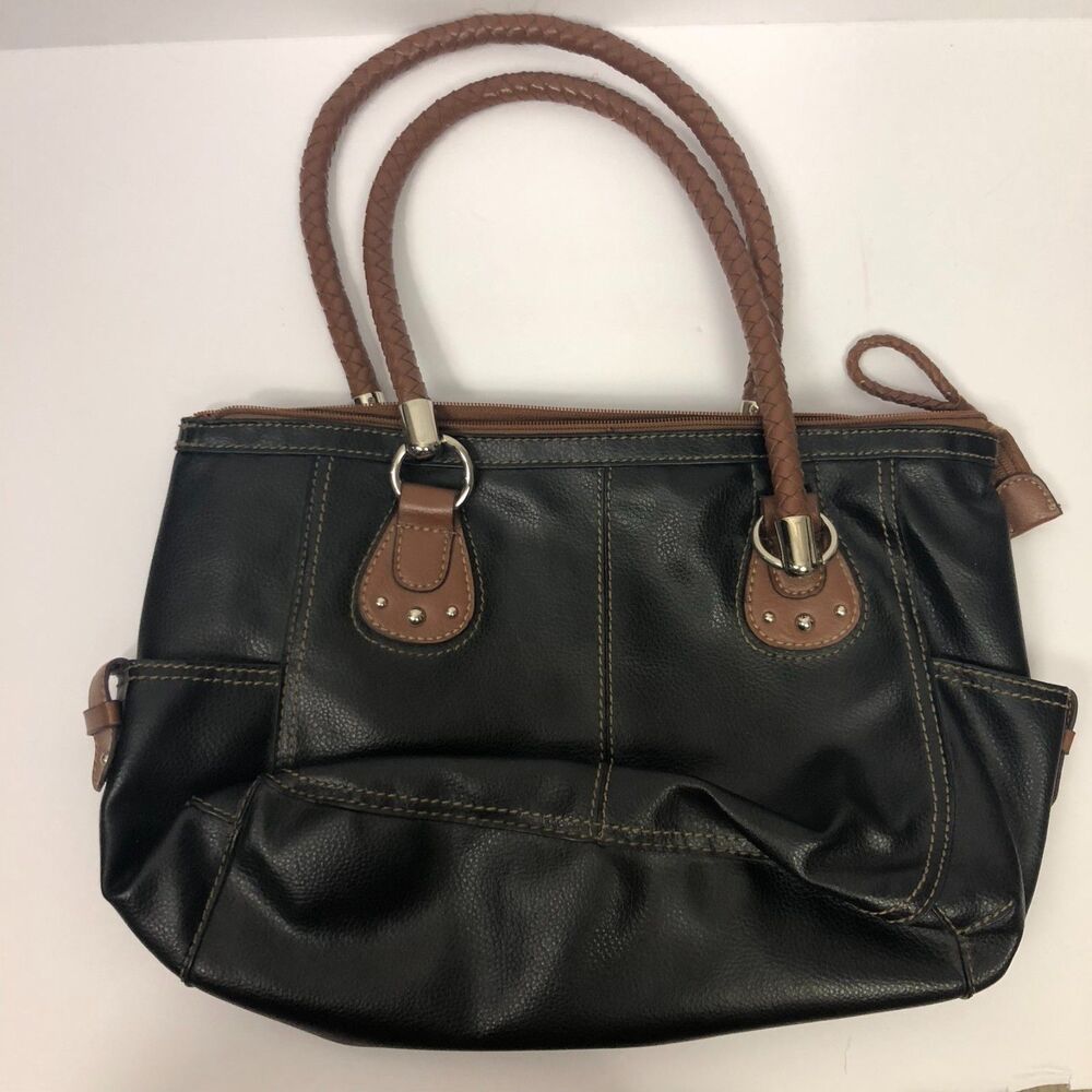 Relic by Fossil Shoulder Bag Purse Black Faux Leather Brown Braided Handles
